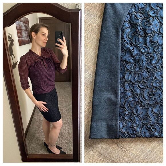 LOFT Skirt Black Navy Lace Overlay Small Stretch Office Academia - Picture 5 of 11